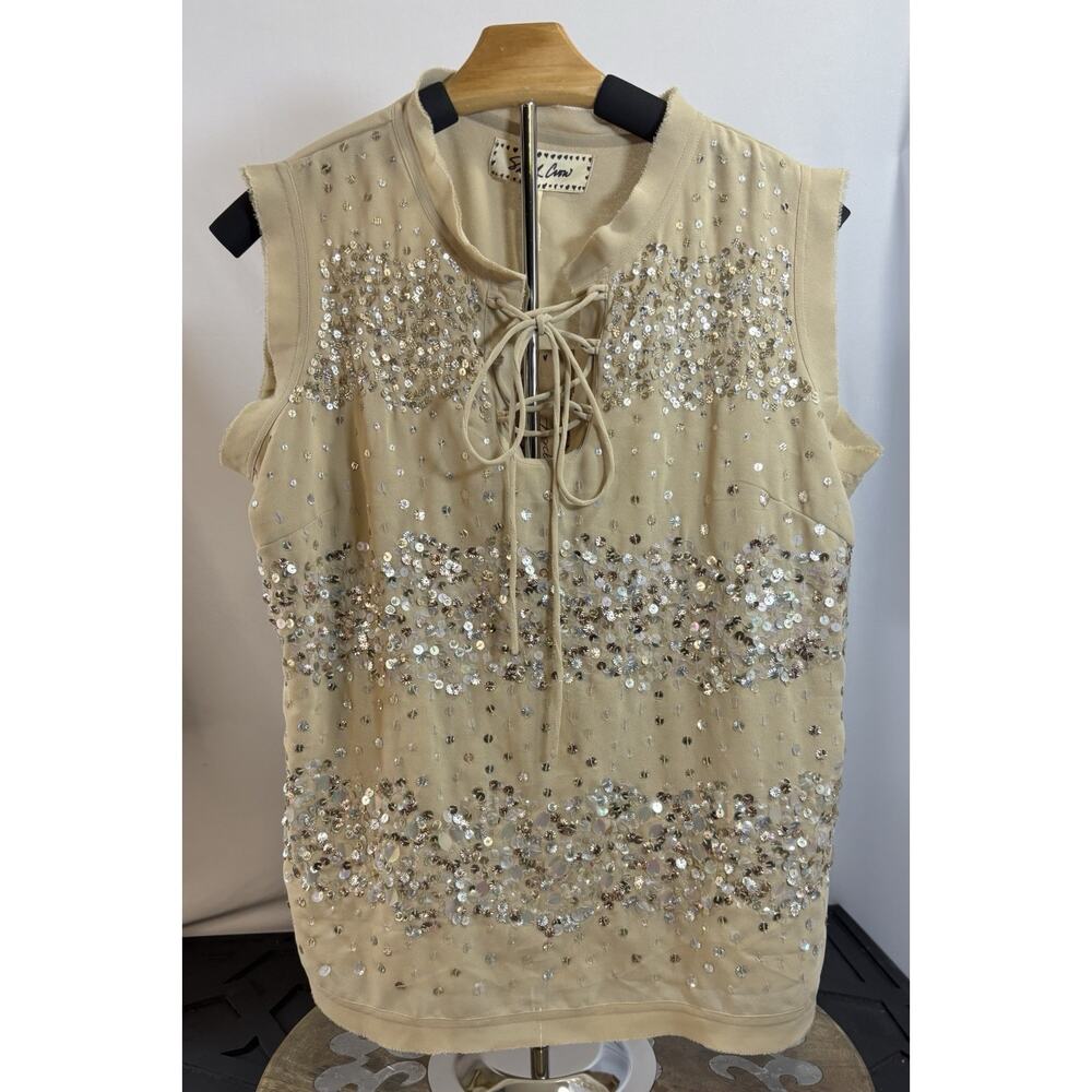 Sheryl Crow Cream Sequin Lace Up Top Boho Festival Raw‎ Edge Tank S